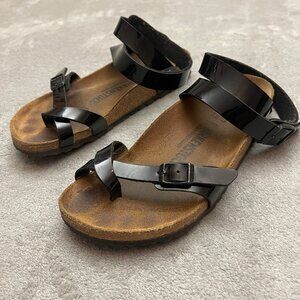 Birkenstock Womens Yara Birko-Flor Sandals Size 37 EU Black Patent Ankle Straps